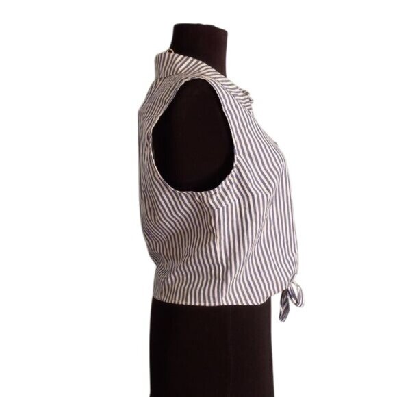 ModCloth M Top Crop Sleeveless Blue White Striped Button Up Tie Front Shirt NEW - Picture 4 of 11